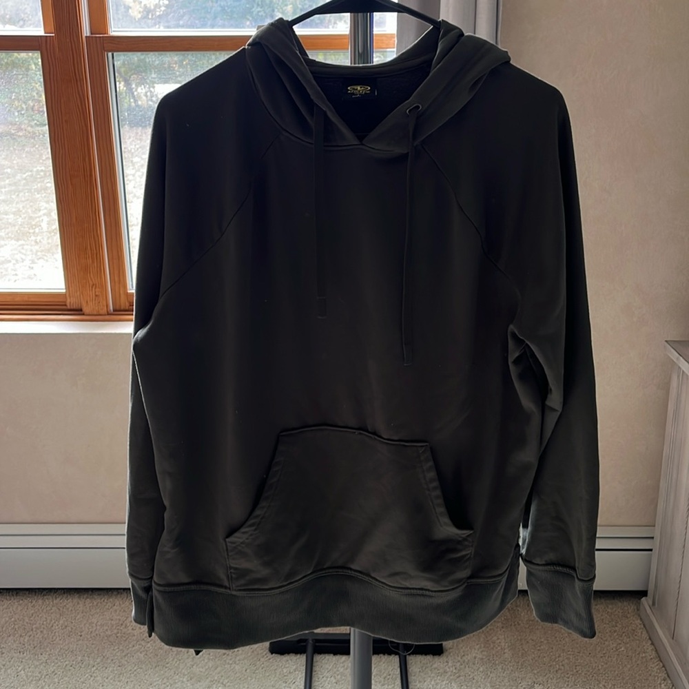 Dark olive green sweatshirt.